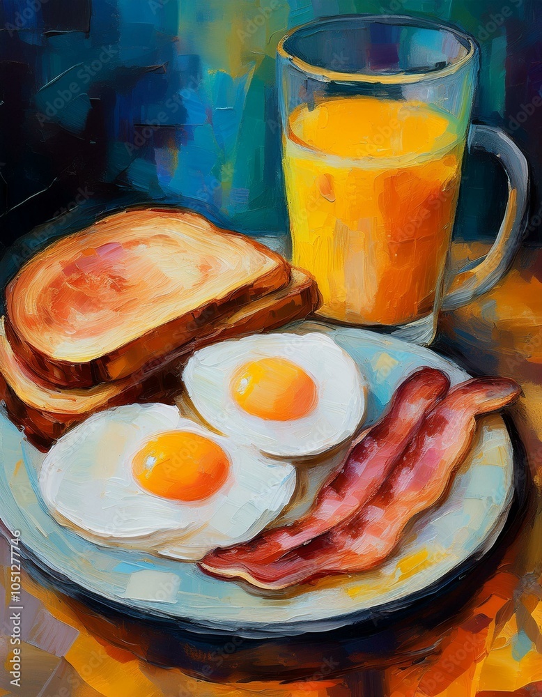Fried Eggs with Bacon, Toast and Orange Juice Painting Fried Eggs with Bacon, Toast and Orange Juice Painting