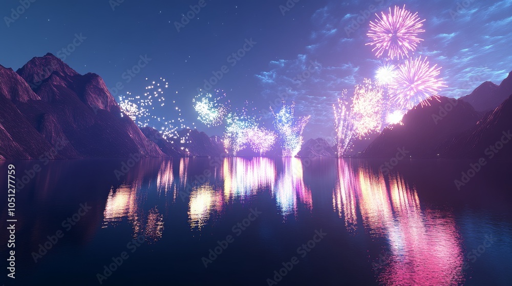 Fototapeta premium Serene Midnight Lake with Colorful Lighting Bursts