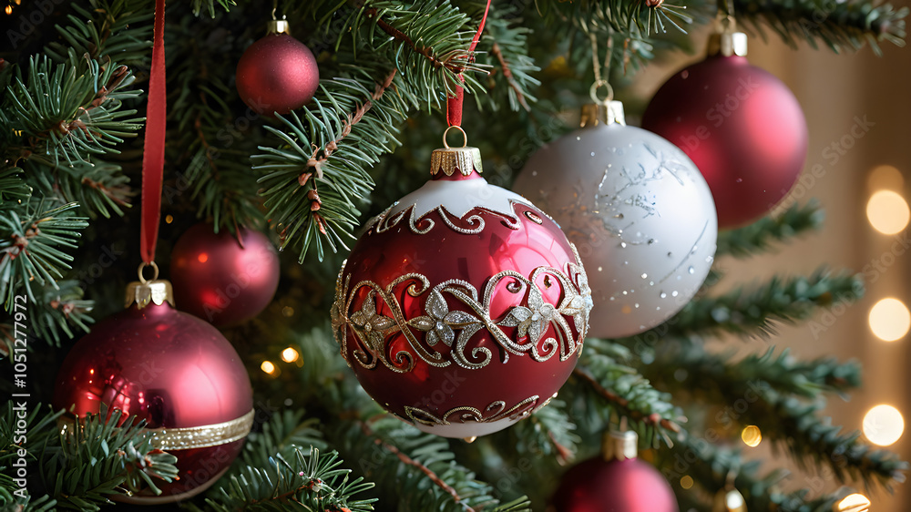 Close-Up of Decorated Christmas Tree: Celebrating the Magic of Christmas with a Festive Backdrop. Beautiful Macro photography shows many pendants, branches and leaves and ornaments. Generative AI Close-Up of Decorated Christmas Tree: Celebrating the Magic of Christmas with a Festive Backdrop. Beautiful Macro photography shows many pendants, branches and leaves and ornaments. Generative AI