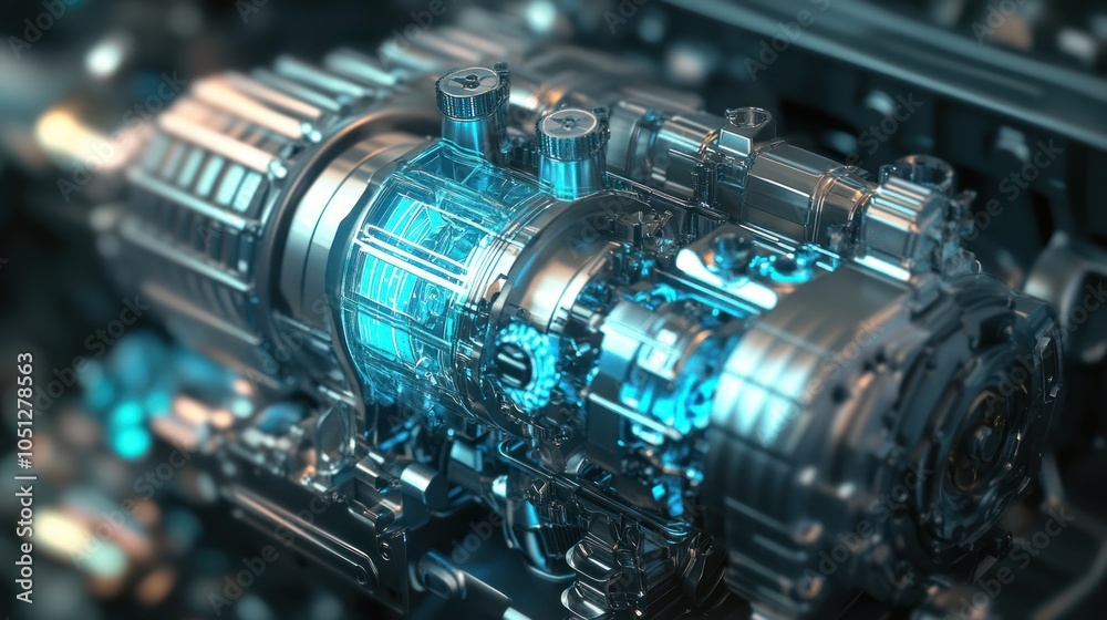 Hybrid Engine - Image of a hybrid engine showing both electric and fuel-based components, illustrating the fusion of green technology and traditional design. Hybrid Engine - Image of a hybrid engine showing both electric and fuel-based components, illustrating the fusion of green technology and traditional design.