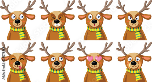 Vector Set of Different Expressions of a Christmas Reindeer. Lovely deer animal having a good or a bad mood 
