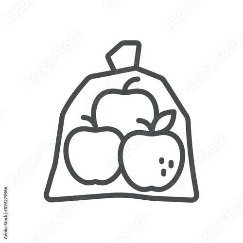 Apples in Plastic Bag Icon. Simple Line Illustration of Apples Packaged in a Plastic Bag, Representing Fresh Produce and Commercial Packaging.