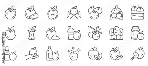 Apple Icons Set. Line Illustrations of Organic Apples, Jam, Vinegar, Cider, Pie, Tart, Juice, Puree, and Pectin. Apple Picking, Food Production, Health, Diet and Nutrition. Isolated Vector