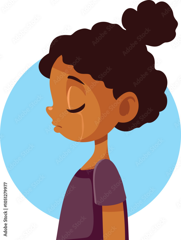 Sad Unhappy Girl of African Ethnicity Vector Profile Illustration. Stressed child being in distress and upset 
