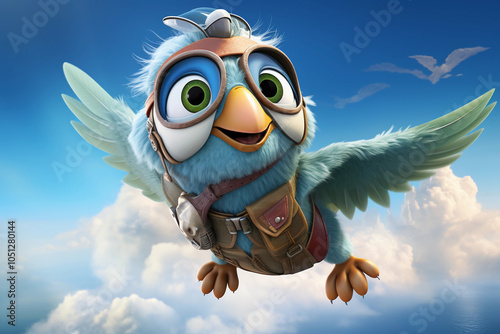 Cartoonish Images of Aero the Aviator, a Friendly Bird, Soaring Through Cloudy Skies and Meeting Fluffy Cloud Characters – Generative AI