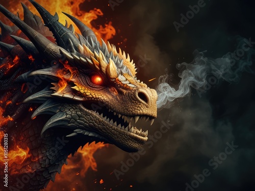 An immense and powerful dragon breathing fire. digital art illustration,Chinese dragon causes chaos and devastation on a flame background. Fictional scary character with a grin photo