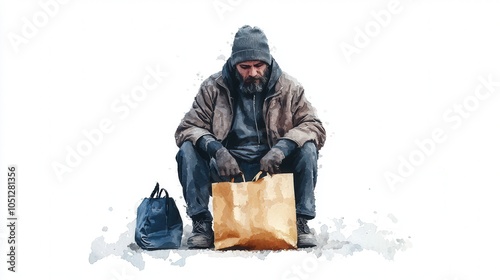 A solitary man sits on snow, dressed warmly, with bags beside him, conveying themes of struggle and resilience in harsh winter conditions. photo