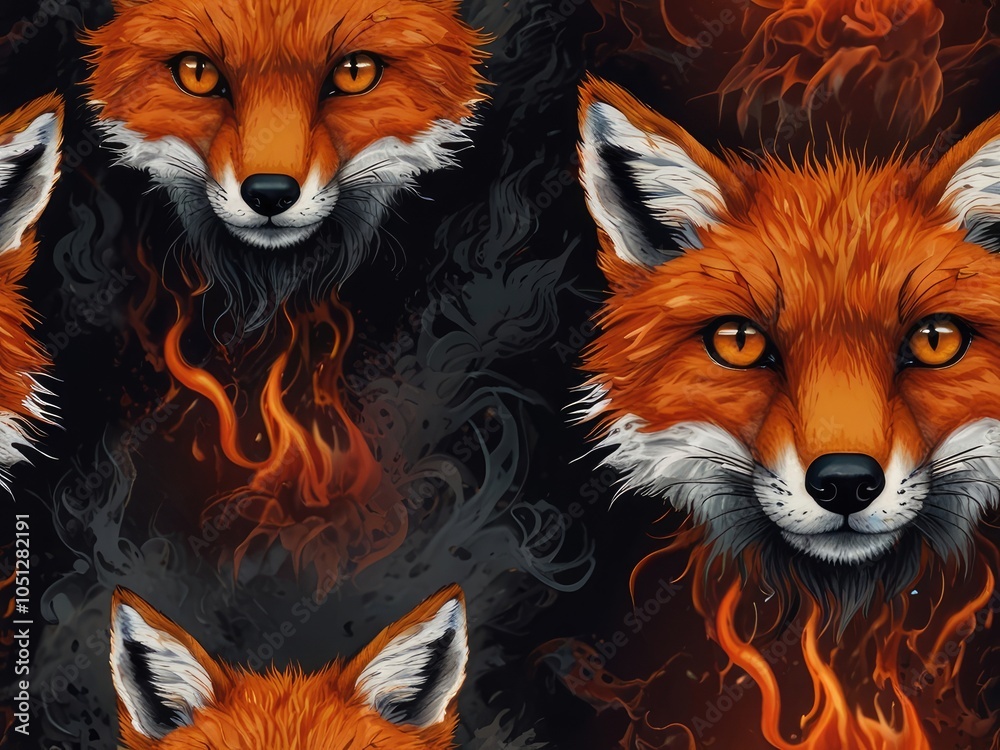 Fototapeta premium Aggressive mystical angry wolf on a dark background with smoke and fire,scary fox in the night in fire,A wolf with glowing eyes surrounded by flames.