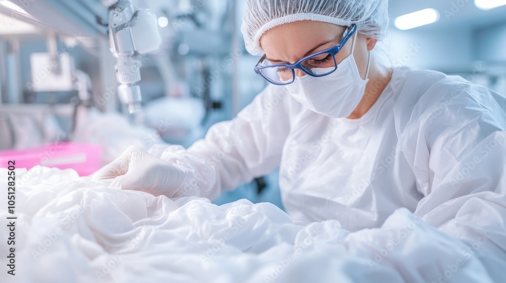 Naklejka premium Garment Technologist Inspecting Fabric with Care
