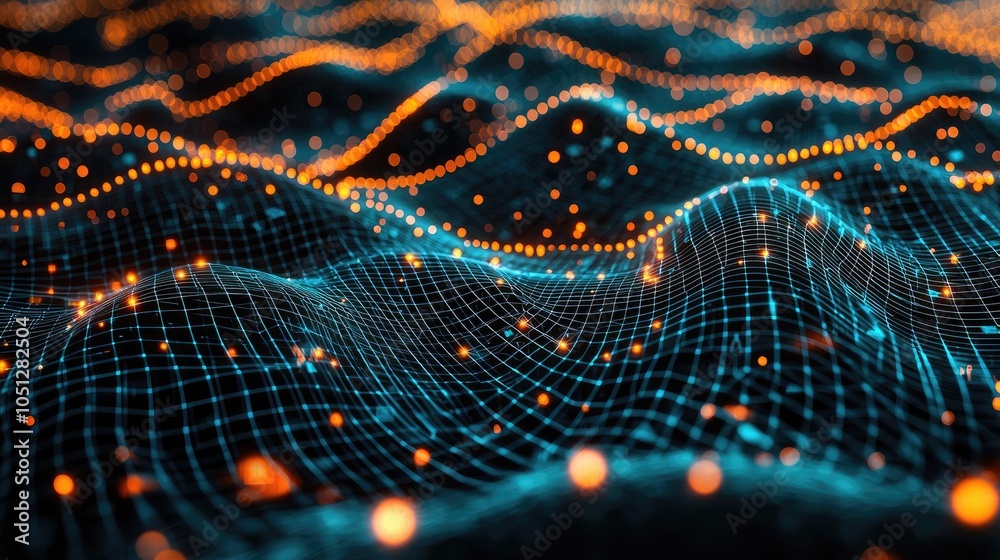 Abstract digital landscape with glowing particles and wave-like structures. Abstract digital landscape with glowing particles and wave-like structures.