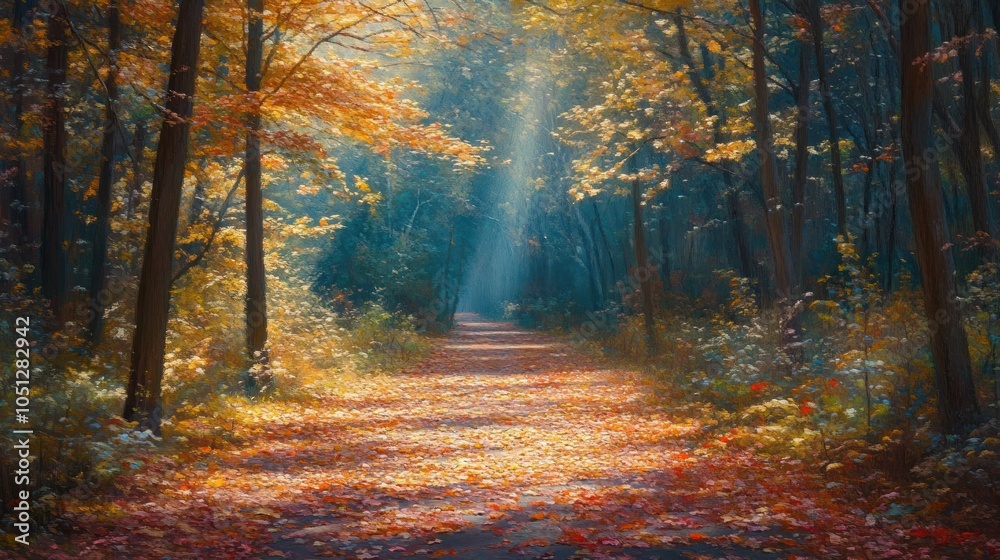Fototapeta premium A sunbeam pierces through the canopy of an autumn forest, illuminating a path lined with fallen leaves.