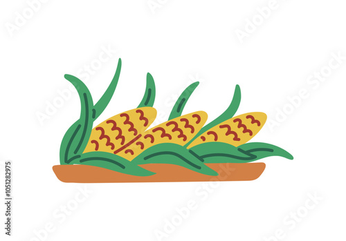 Fresh ripe yellow corn cobs with green leaves on a tray.