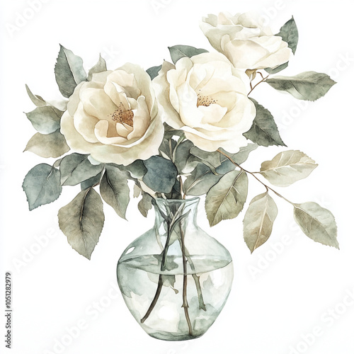 Alabaster garden roses, dusty sage leaves, watercolor floral arrangement, transparent
,Generative AI photo