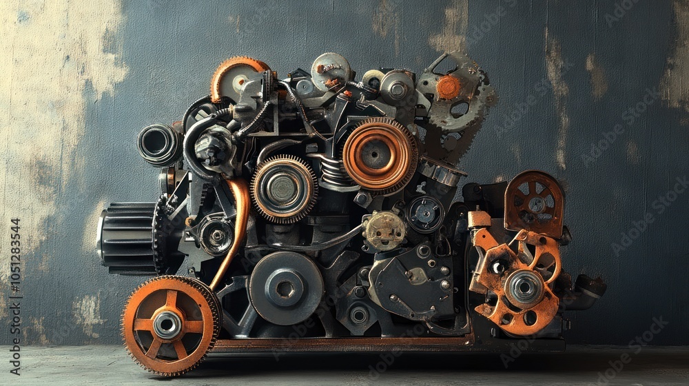 Fototapeta premium Recycled Parts Engine - Eco-friendly engine design made from recycled parts, focusing on sustainability and creative reuse in industrial design.