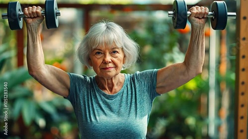 A senior exercising with dumbbells. An old woman exercises.
