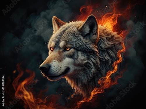 Aggressive mystical angry wolf on a dark background with smoke and fire,scary fox in the night in fire,A wolf with glowing eyes surrounded by flames. photo