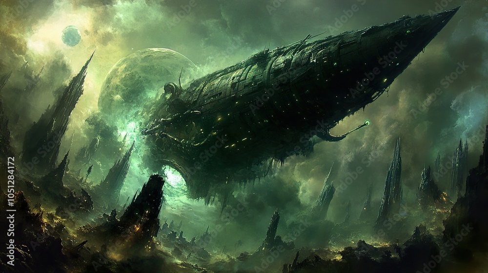 Fototapeta premium Futuristic Cityscape with Spaceship and Alien Landscape