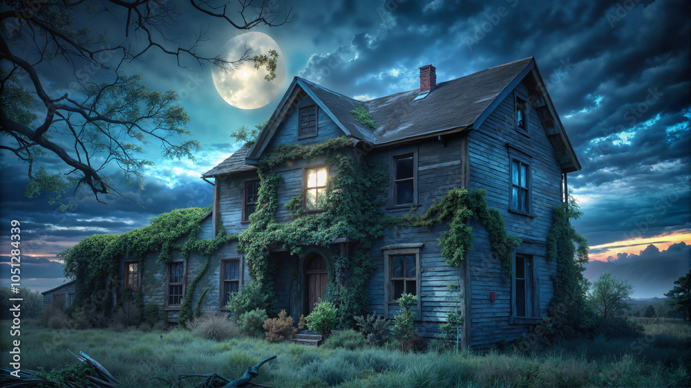Haunted Abandoned House Under Full Moon