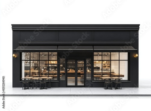 Modern black storefront with a glass front and a black awning, patio tables and chairs, and a white background.