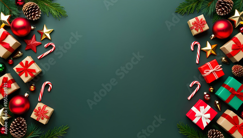 A festive Christmas scene with gifts, ornaments, and candy canes on a dark green background.