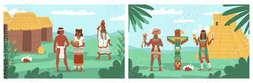 Ancient tribal village with huts, pyramid and religious totem pole vector flat set, Aztecs or Mayans civilization life