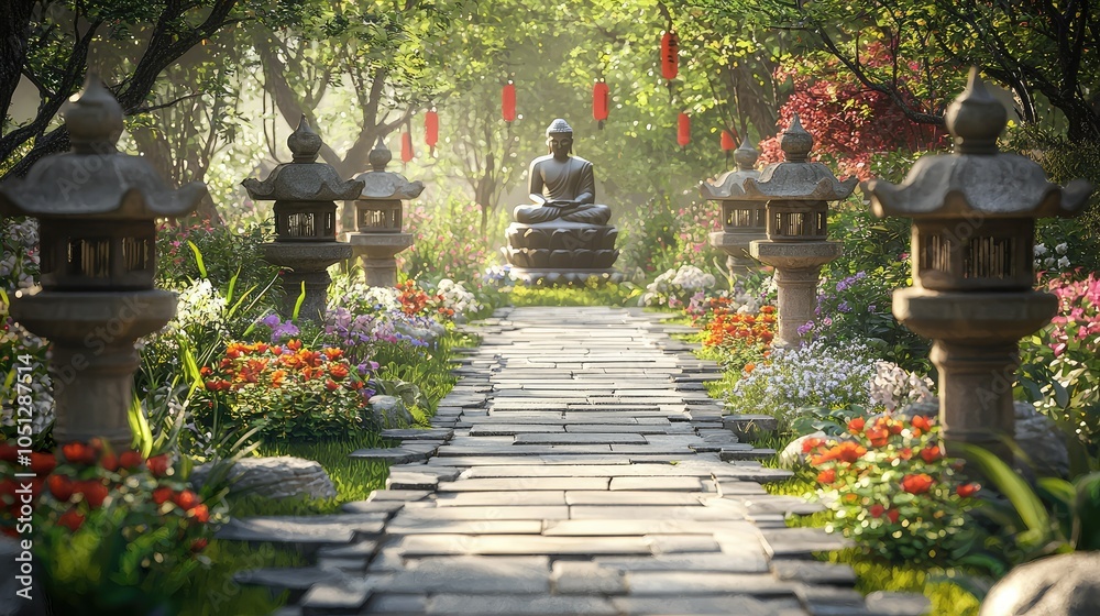 Tranquil Buddha Garden Path with Stone Lanterns Tranquil Buddha Garden Path with Stone Lanterns