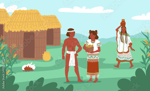 Vector illustration of ancient Mayan or Aztec village with characters and huts.