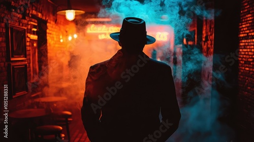 Mysterious Figure in Fedora Amid Smoky Atmosphere photo