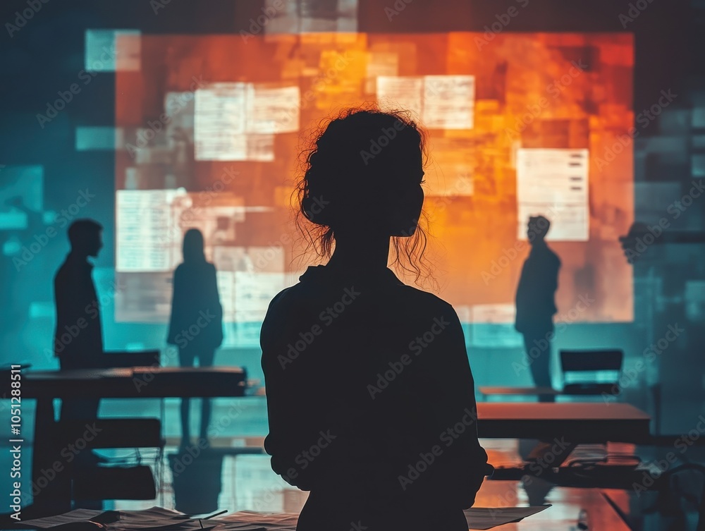 Silhouette of a person observing digital presentations in a modern meeting room. Silhouette of a person observing digital presentations in a modern meeting room.