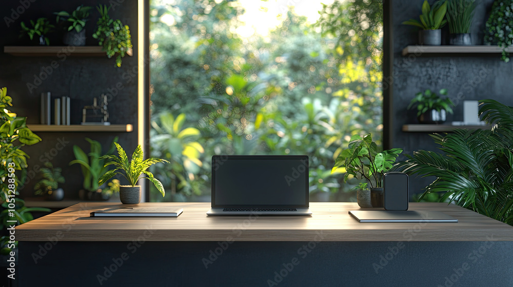 Laptops and potted plants on the table, illuminated by sunlight Laptops and potted plants on the table, illuminated by sunlight