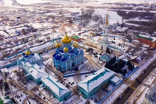 Winter aerial view of Orthodox Nativity of Our Lady Monastery in snow covered Zadonsk town in Lipetsk Oblast, Russia photo