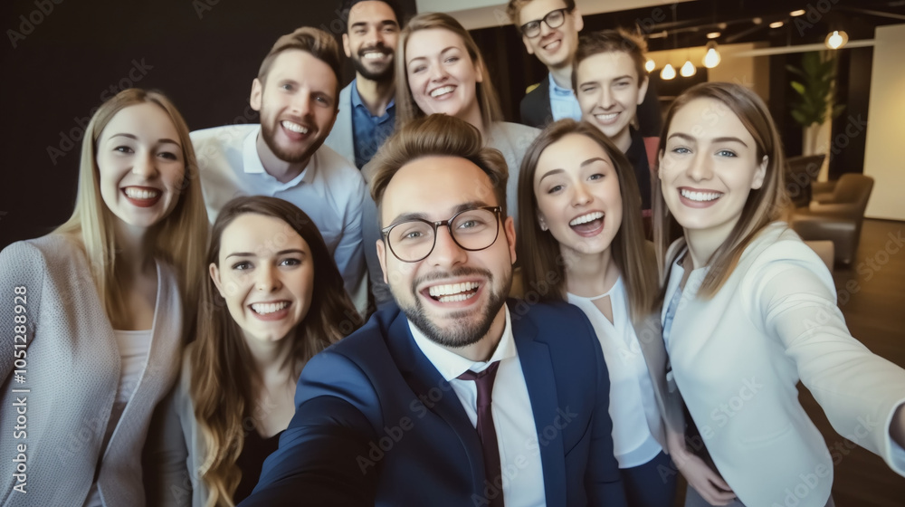 A group of young people smiling and taking selfies in the office A group of young people smiling and taking selfies in the office