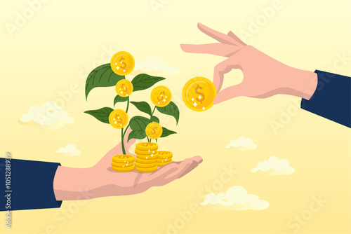 Businessman hand put money coin on growing money seedling, investment growth, investing for financial independent or financial freedom, mutual fund or growth stock, saving or earning profit concept