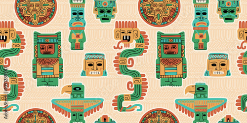 Vector seamless background, with vintage tribal idols, demons, inspired by ancient cultures: Maya and Aztecs