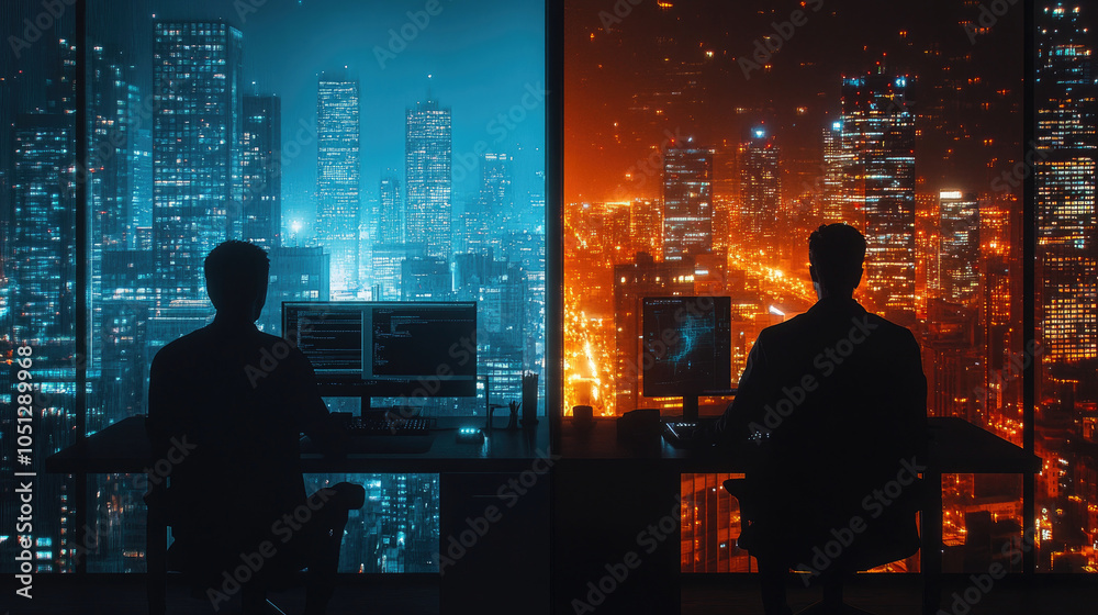 At night, male and female colleagues in the office are working overtime At night, male and female colleagues in the office are working overtime