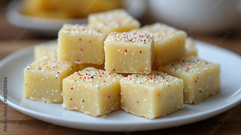 Yellow Fudge Squares with Sprinkles on a White Plate Yellow Fudge Squares with Sprinkles on a White Plate