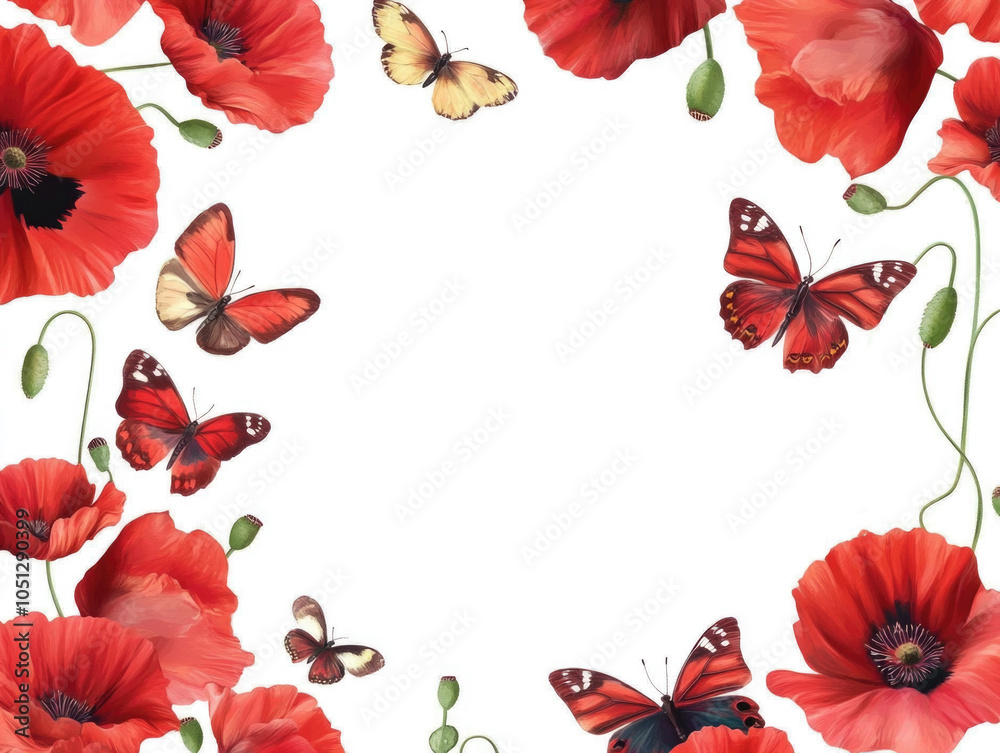 Fototapeta premium Red poppy and butterfly frame