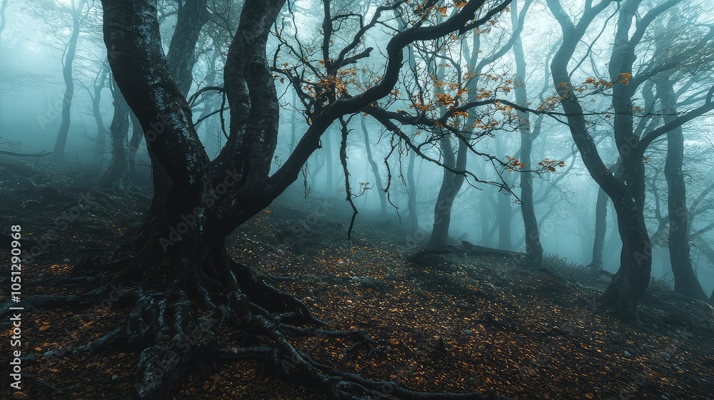 Fototapeta premium Twisted Vines in a Foggy Forest Scene