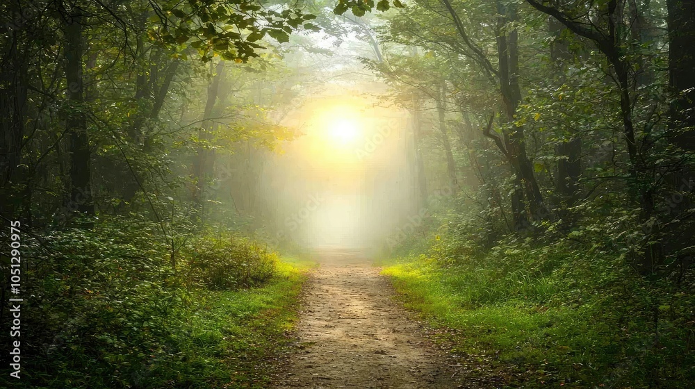 Fototapeta premium Mysterious Foggy Path Through Enshrouded Forest