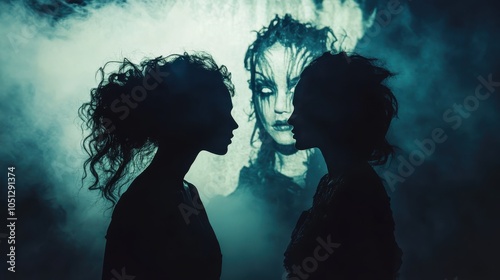 Silhouettes of two women facing each other with a mystical background.