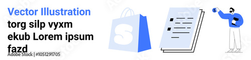 Blue shopping bag, document with text, and person holding a ball. Ideal for online shopping, e-commerce, business presentations, marketing strategies, and digital retail. Landing page