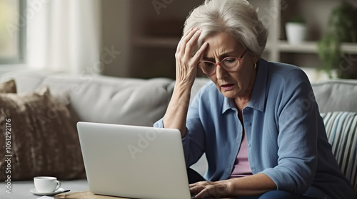 An older woman sitting on the couch in front of her laptop, looking distressed.