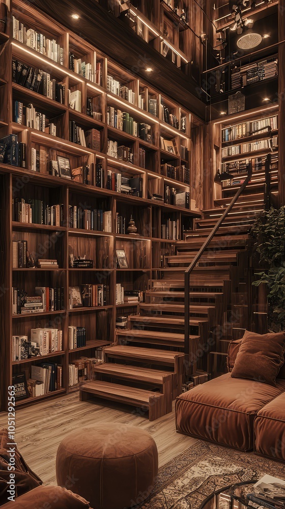 Cozy Library with Wooden Staircase to Second Floor Cozy Library with Wooden Staircase to Second Floor