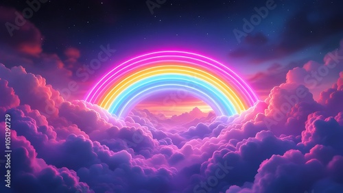 Vibrant rainbow with pink clouds dreamy fantasy evening landscape horizon photo