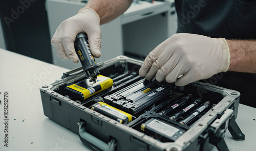 A close-up image of a technician using specialized equipment to dismantle and extract valuable materials from used lithium-ion batteries, soothing tones