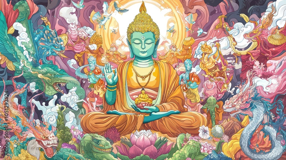 Obraz premium Colorful Illustration of Buddha Surrounded by Mythical Beings