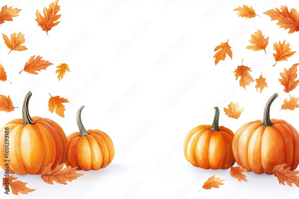Autumn-themed image with orange pumpkins and falling leaves on a white background, conveying seasonal warmth and harvest. Autumn-themed image with orange pumpkins and falling leaves on a white background, conveying seasonal warmth and harvest.