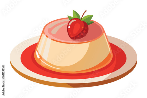 Vanilla Panna Cotta with Strawberry Sauce Icon Creamy Dessert on Plate, Vector Illustration.