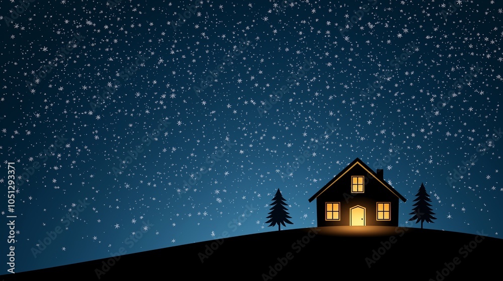 Fototapeta premium Cozy Cabin in Winter Snowy Night Scene