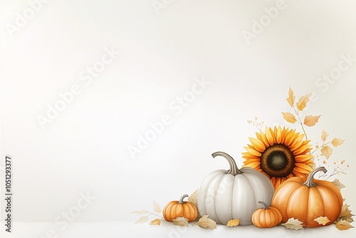 Autumn-themed still life with pumpkins and sunflower on a light background, symbolizing harvest and Thanksgiving in a gentle, warm setting. photo